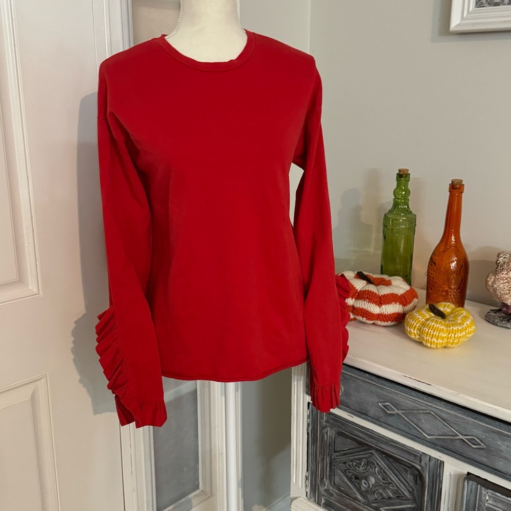 Zara Red Long Ruffle Sleeve T-Shirt Sz small